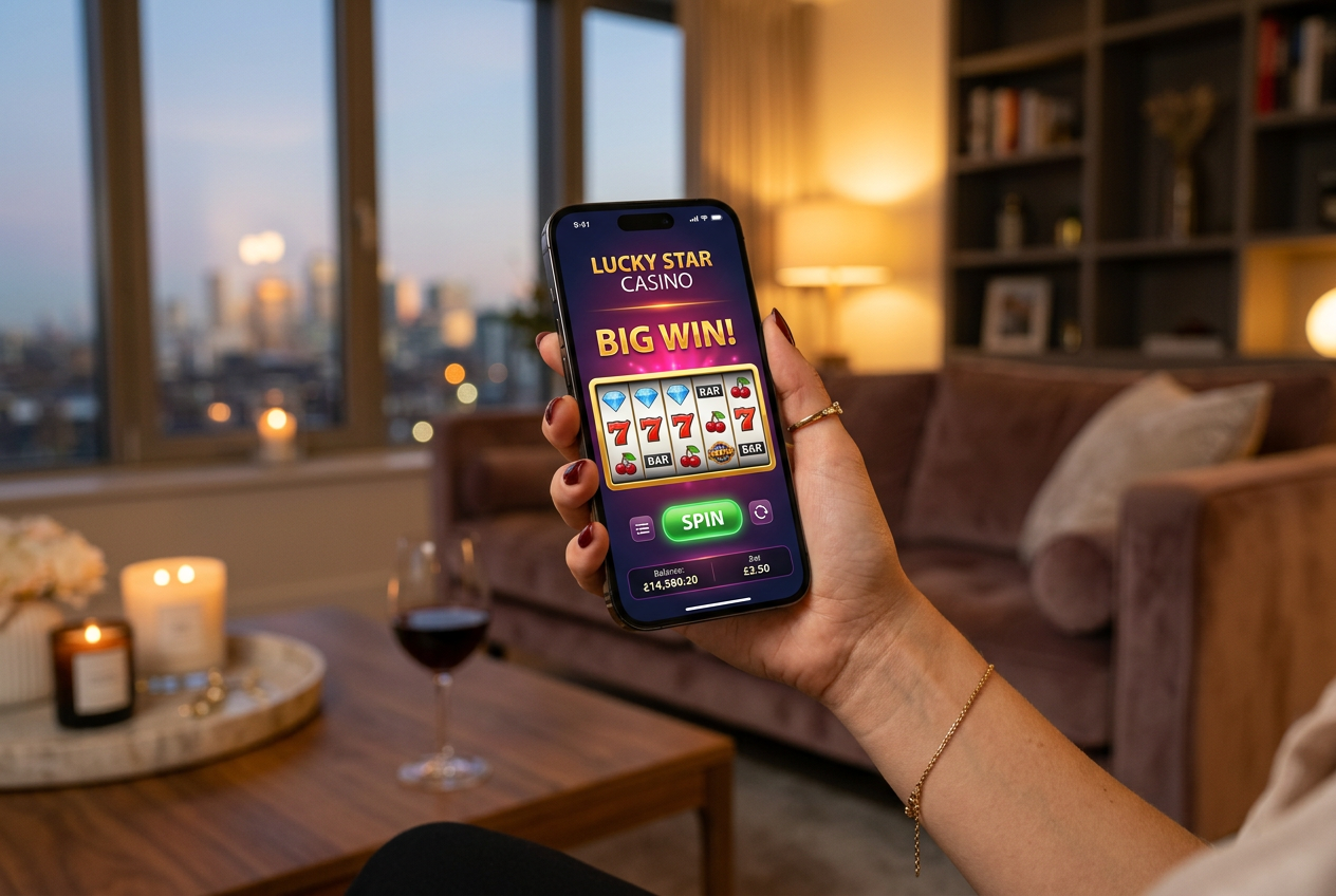 Hand holding a smartphone with a casino app.